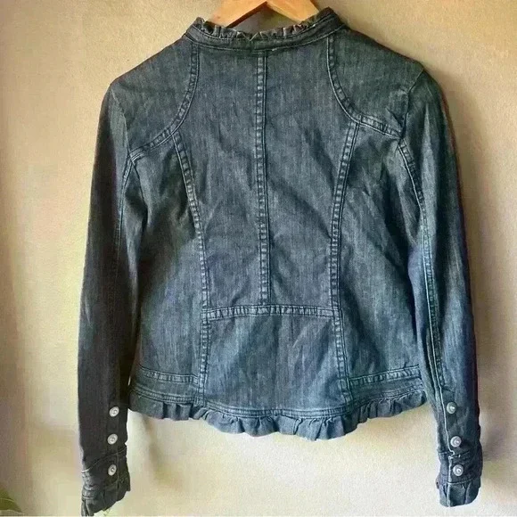 CHRISTINE ALEXANDER Jean Jacket Ruffle Trim Rhinestone Buttons Denim XS - Picture 6 of 12